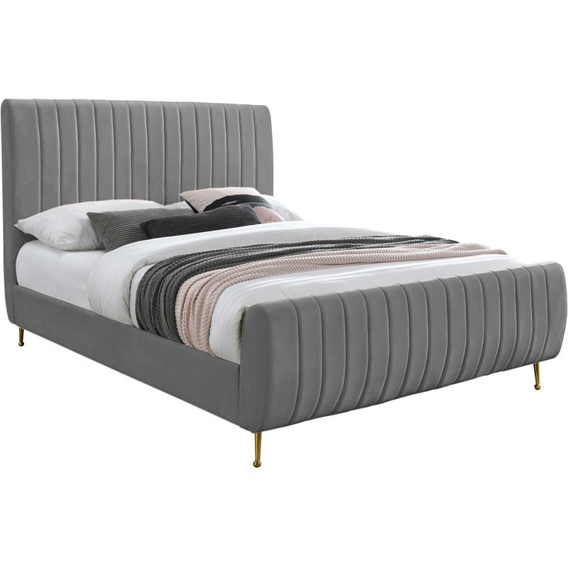 Pemberly Row Contemporary Contemporary Gray Velvet Queen Bed