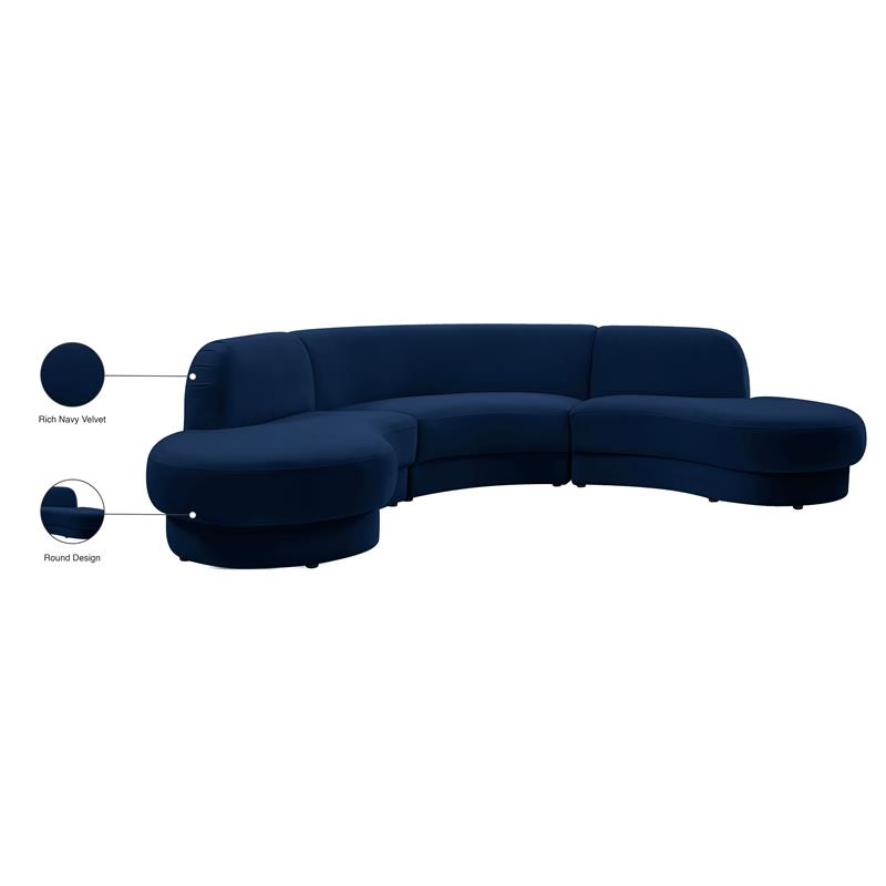 Pemberly Row Contemporary Soft Navy Velvet 3-Piece Sectional