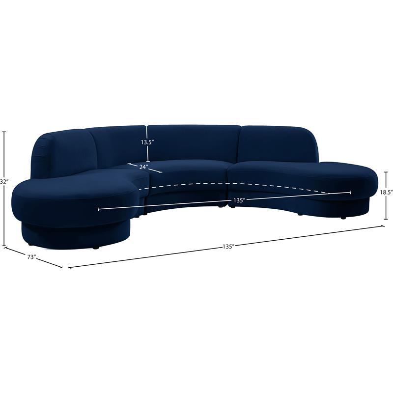 Pemberly Row Contemporary Soft Navy Velvet 3-Piece Sectional