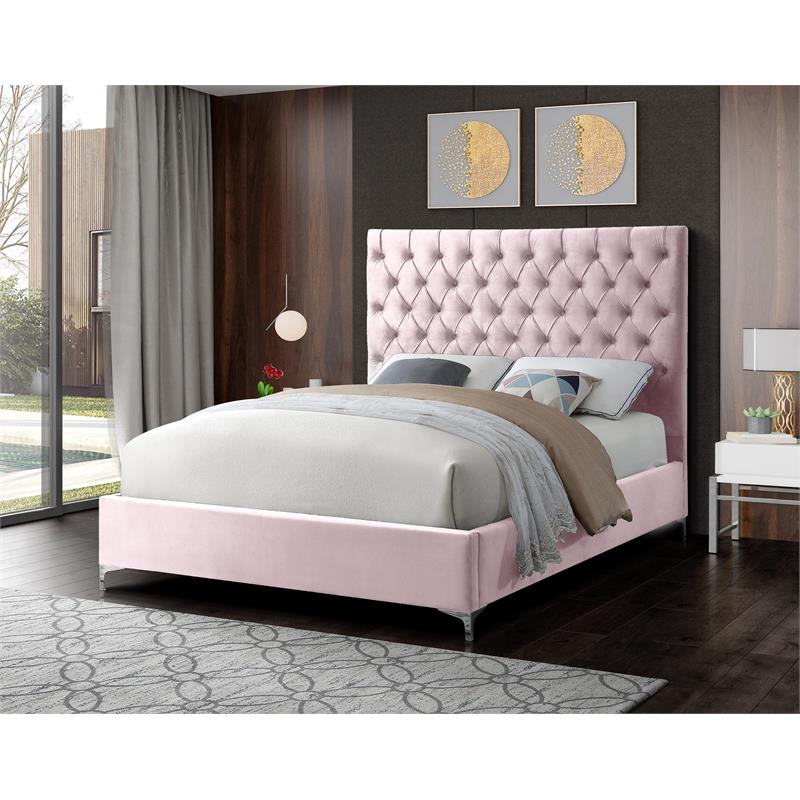 Pemberly Row Modern Solid Wood Tufted Velvet Full Bed in Pink
