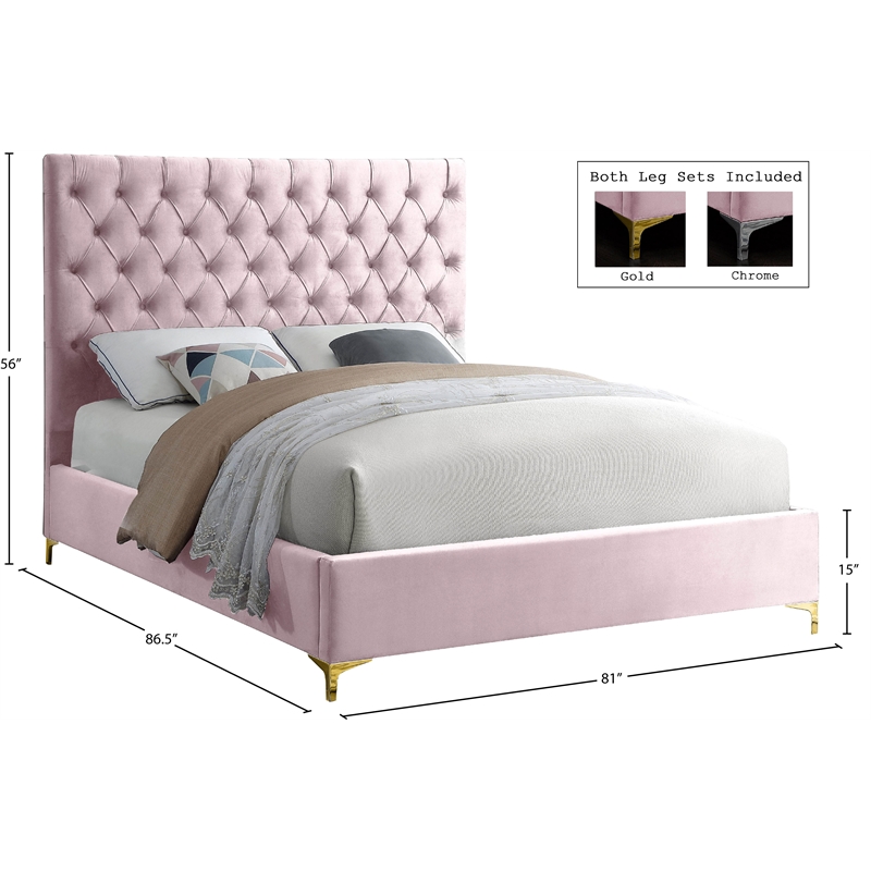 Pemberly Row Modern Solid Wood Tufted Velvet King Bed in Pink