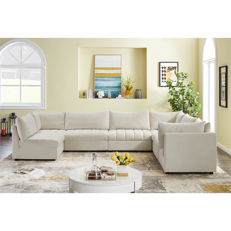 Pemberly Row Contemporary Soft Cream Velvet Modular Sectional