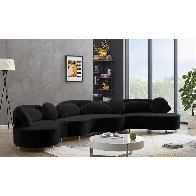 Pemberly Row Contemporary Soft Black Velvet 3-Piece Sectional