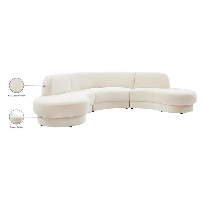 Pemberly Row Contemporary Soft Cream Velvet 3-Piece Sectional