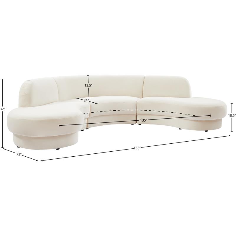 Pemberly Row Contemporary Soft Cream Velvet 3-Piece Sectional