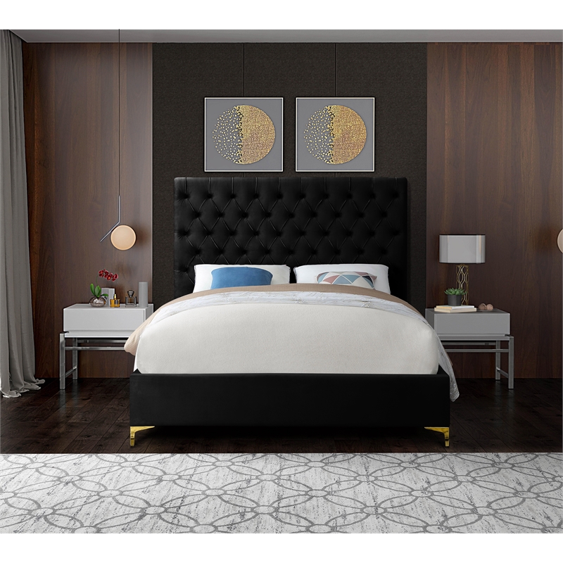 Pemberly Row Modern Solid Wood Tufted Velvet King Bed in Black