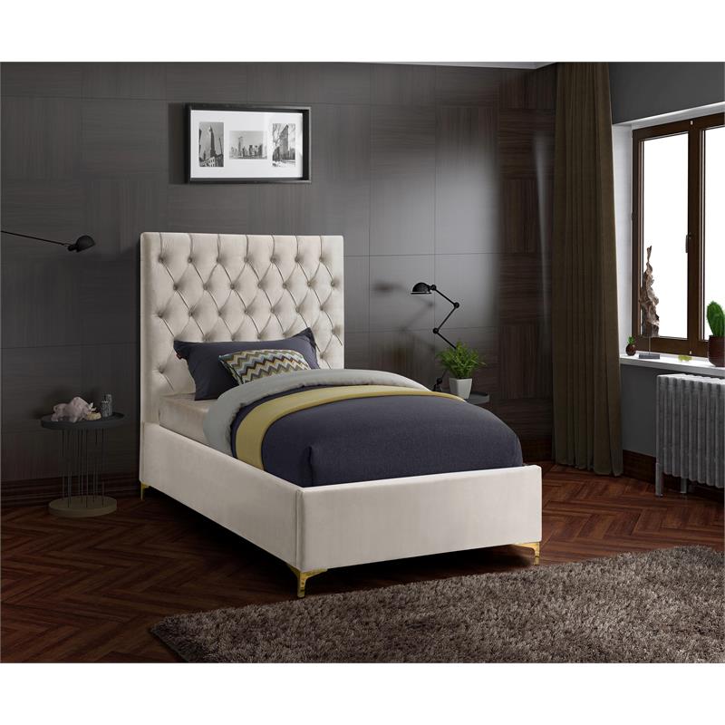 Pemberly Row Modern Solid Wood Tufted Velvet Twin Bed in Cream