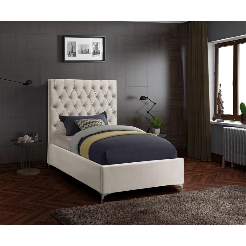 Pemberly Row Modern Solid Wood Tufted Velvet Twin Bed in Cream