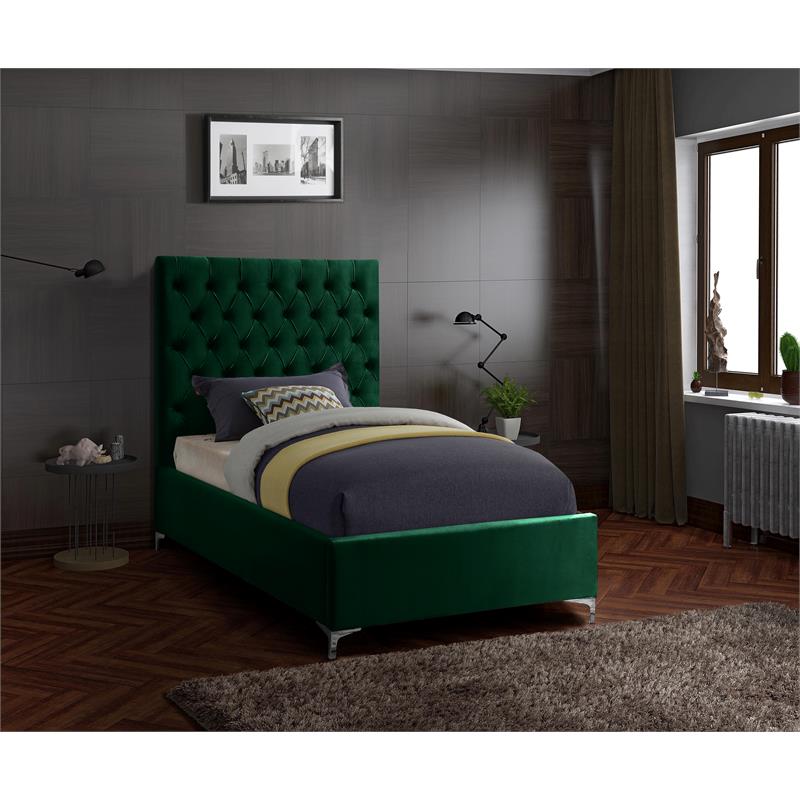 Pemberly Row Modern Solid Wood Tufted Velvet Twin Bed in Green