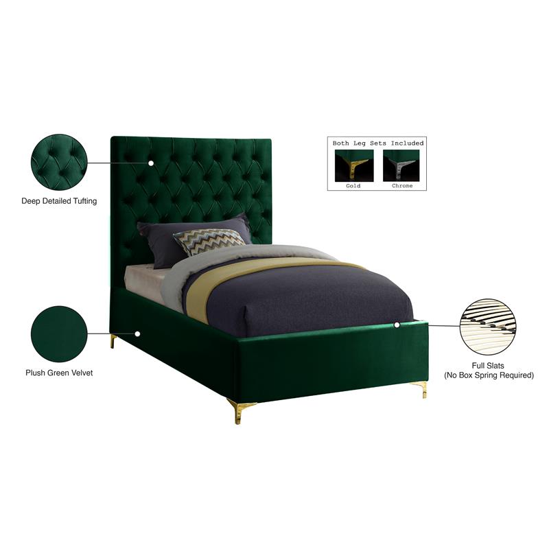 Pemberly Row Modern Solid Wood Tufted Velvet Twin Bed in Green