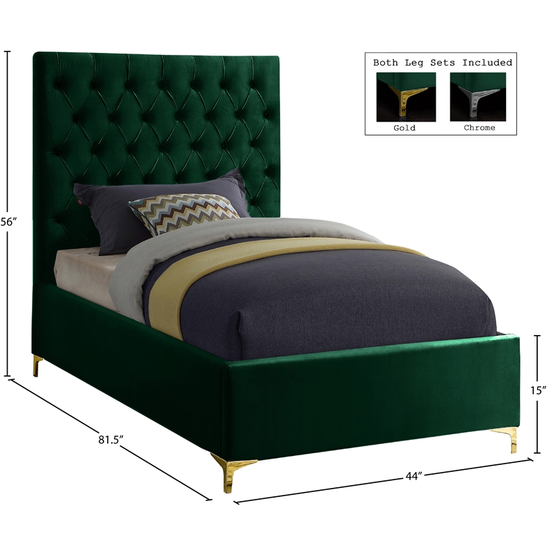 Pemberly Row Modern Solid Wood Tufted Velvet Twin Bed in Green
