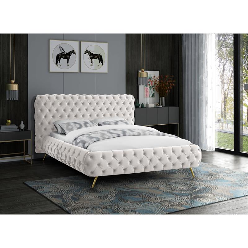 Pemberly Row Modern Solid Wood Tufted Velvet King Bed in Cream
