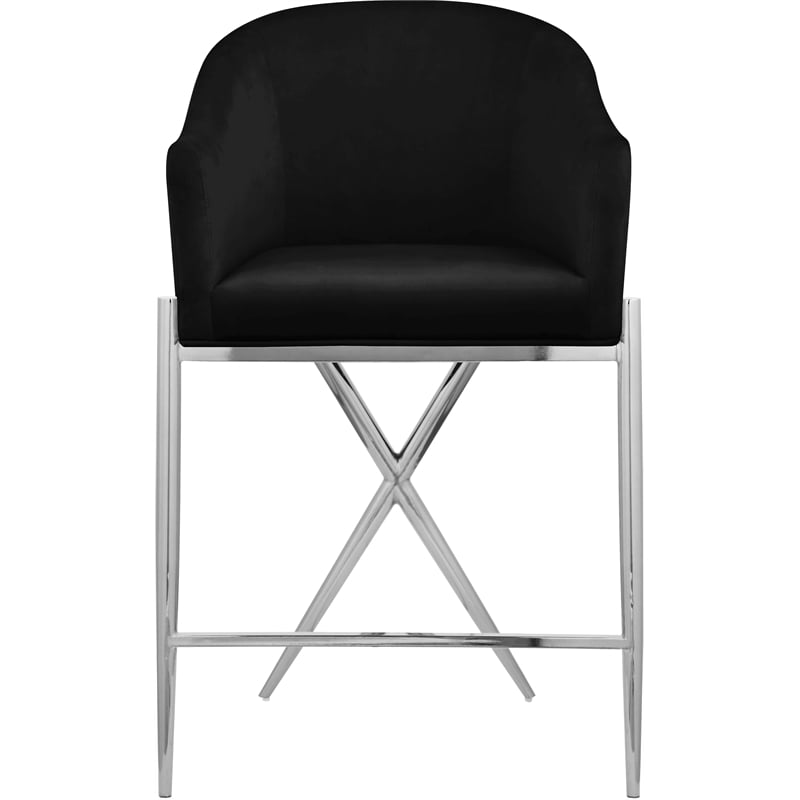 Pemberly Row Black Velvet Counter Stool with Chrome Metal Legs