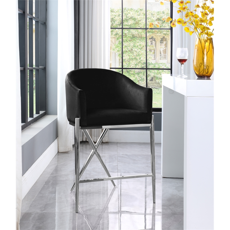 Pemberly Row Black Velvet Counter Stool with Chrome Metal Legs