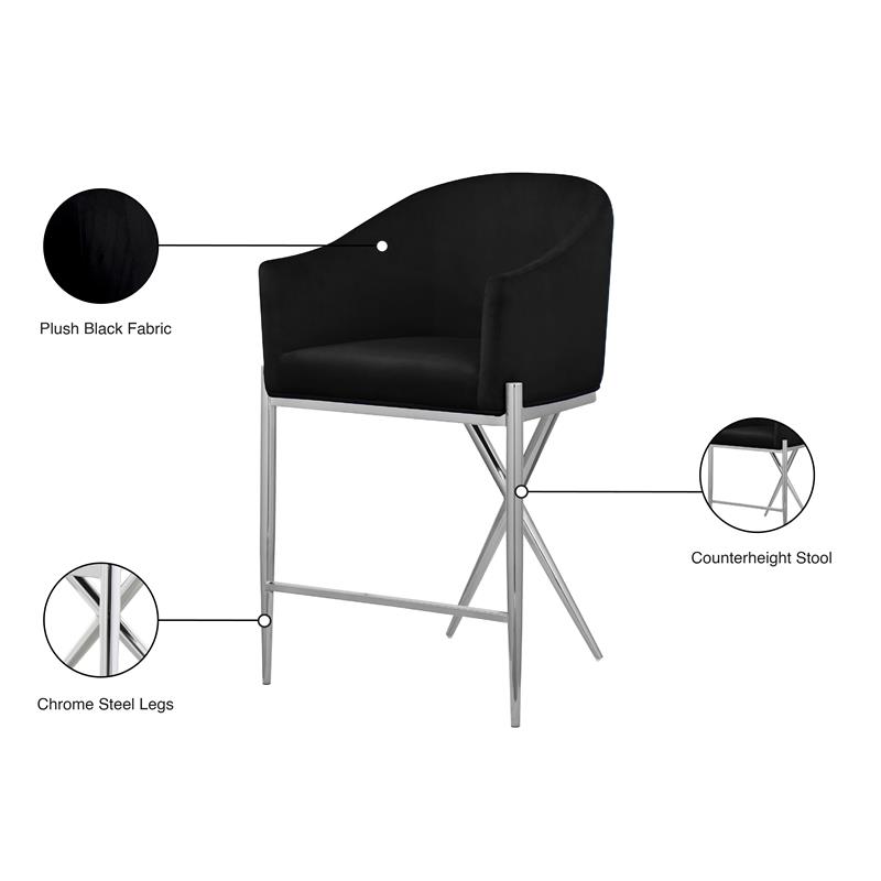 Pemberly Row Black Velvet Counter Stool with Chrome Metal Legs