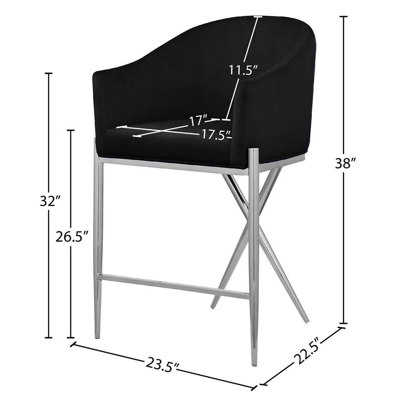 Pemberly Row Black Velvet Counter Stool with Chrome Metal Legs