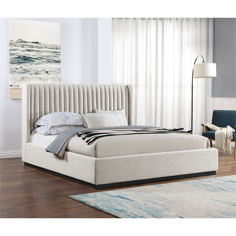 Pemberly Row Contemporary Beige Linen Textured Fabric King Bed