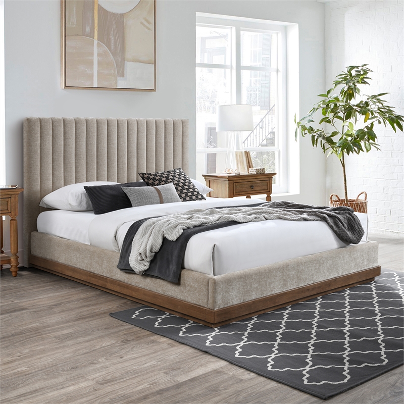 Pemberly Row Contemporary Soft Beige Chenille Fabric Queen Bed