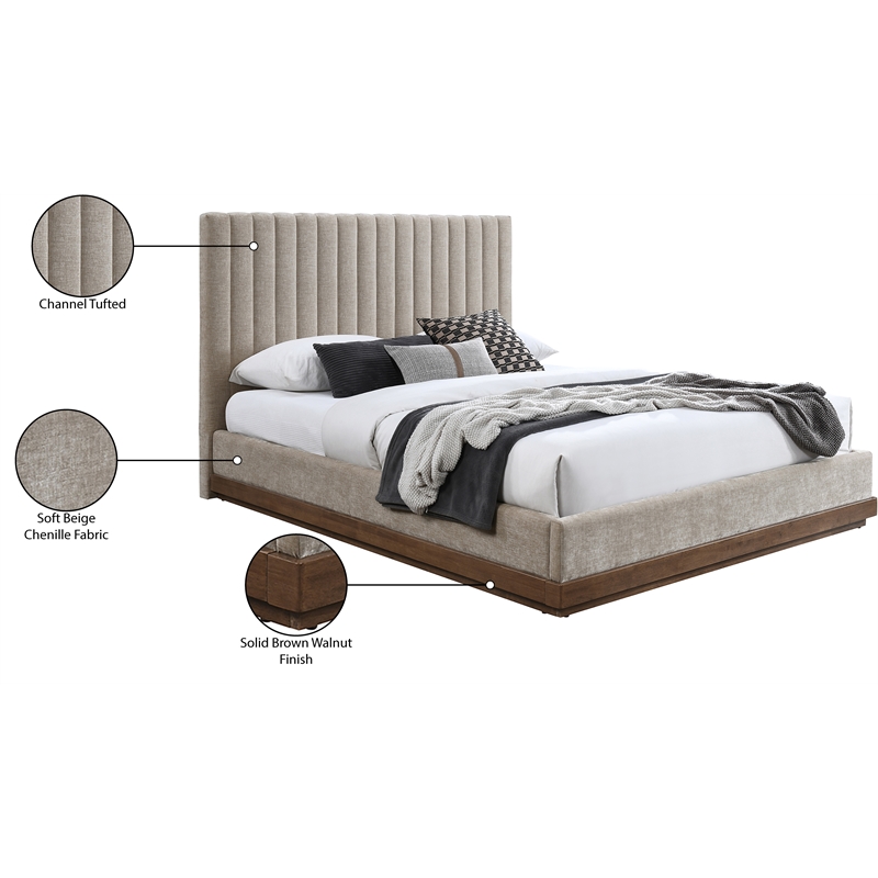 Pemberly Row Contemporary Soft Beige Chenille Fabric Queen Bed