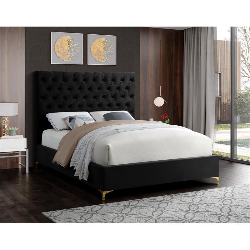 Pemberly Row Modern Solid Wood Tufted Velvet Queen Bed in Black
