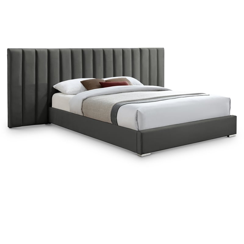 Pemberly Row Modern Gray Velvet King Bed with Chrome Metal Legs