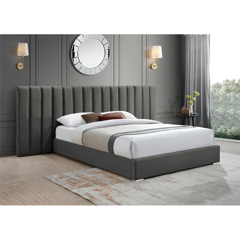 Pemberly Row Modern Gray Velvet King Bed with Chrome Metal Legs