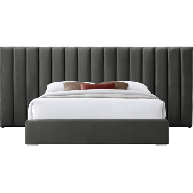 Pemberly Row Modern Gray Velvet King Bed with Chrome Metal Legs