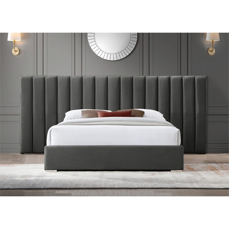 Pemberly Row Modern Gray Velvet King Bed with Chrome Metal Legs
