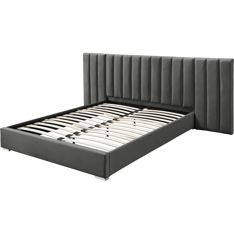 Pemberly Row Modern Gray Velvet King Bed with Chrome Metal Legs