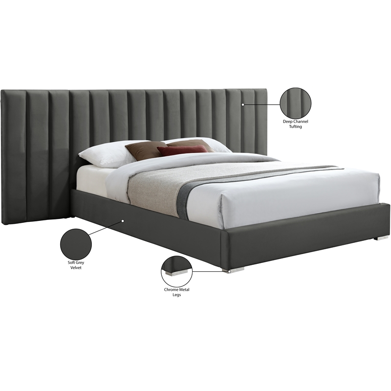 Pemberly Row Modern Gray Velvet King Bed with Chrome Metal Legs