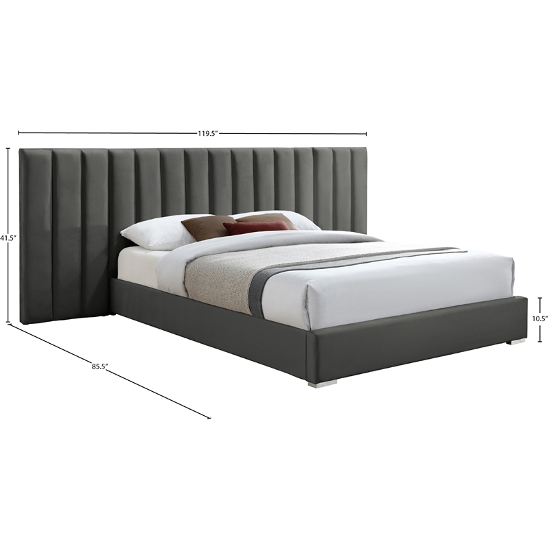 Pemberly Row Modern Gray Velvet King Bed with Chrome Metal Legs