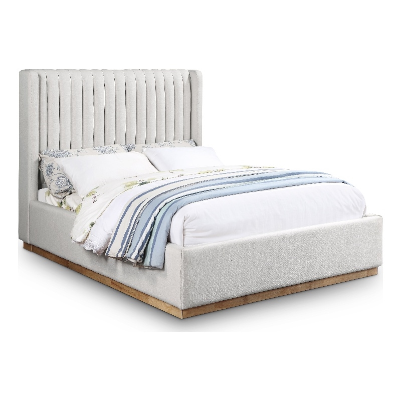 Pemberly Row Contemporary Cream Linen Textured Fabric Queen Bed