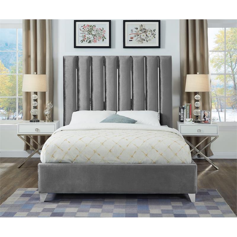 Pemberly Row Contemporary Solid Wood and Velvet Full Bed in Gray