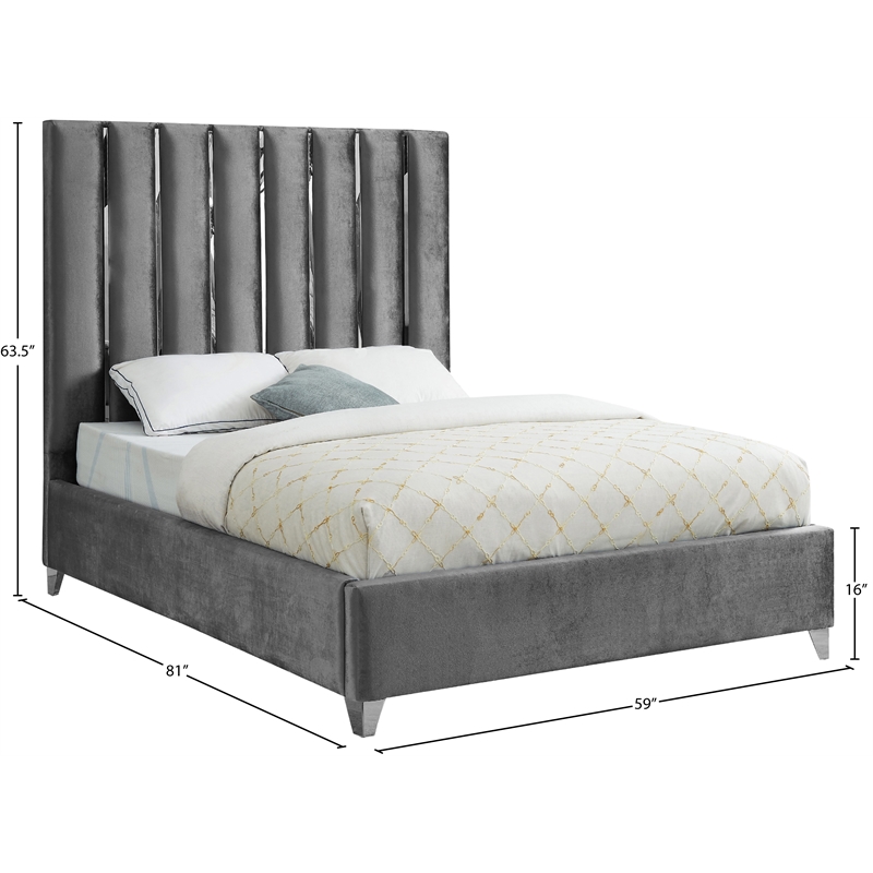 Pemberly Row Contemporary Solid Wood and Velvet Full Bed in Gray