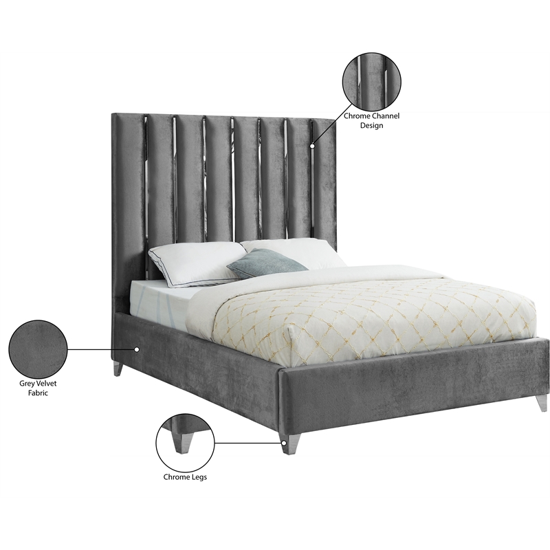 Pemberly Row Contemporary Solid Wood and Velvet Full Bed in Gray