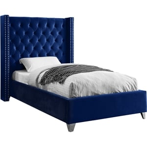 Pemberly Row Solid Wood Tufted Velvet Wing Back Twin Bed in Navy