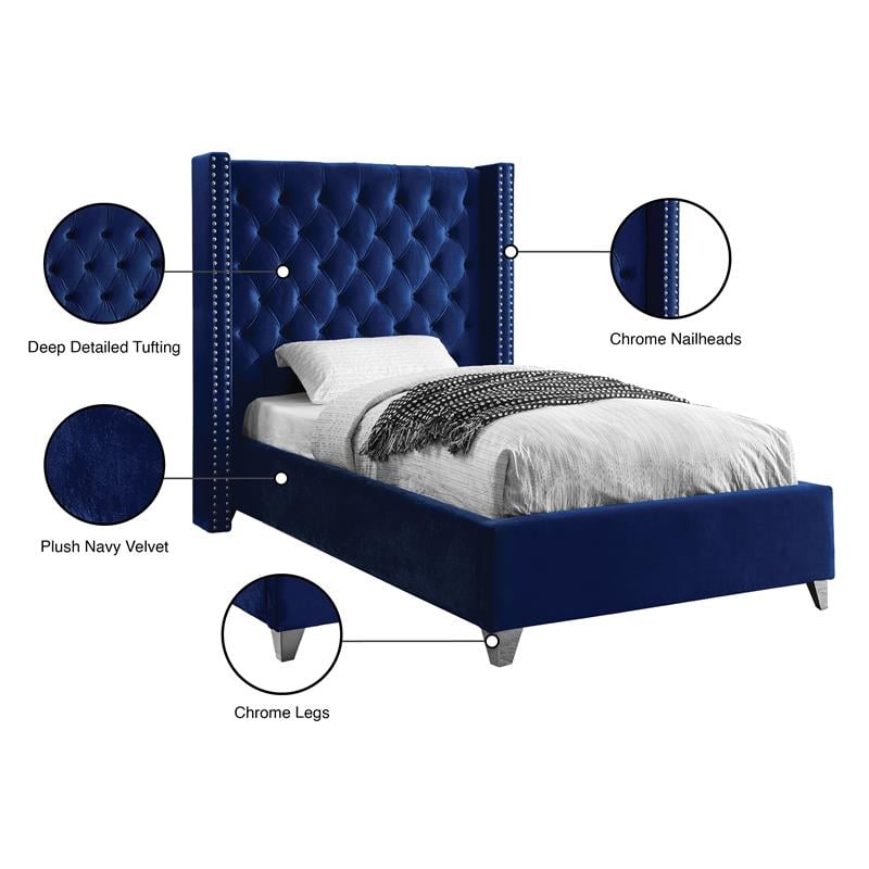 Pemberly Row Solid Wood Tufted Velvet Wing Back Twin Bed in Navy