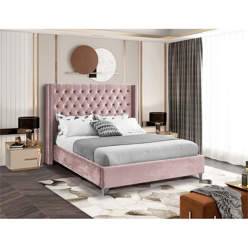 Pemberly Row Solid Wood Tufted Velvet Wing Back King Bed in Pink