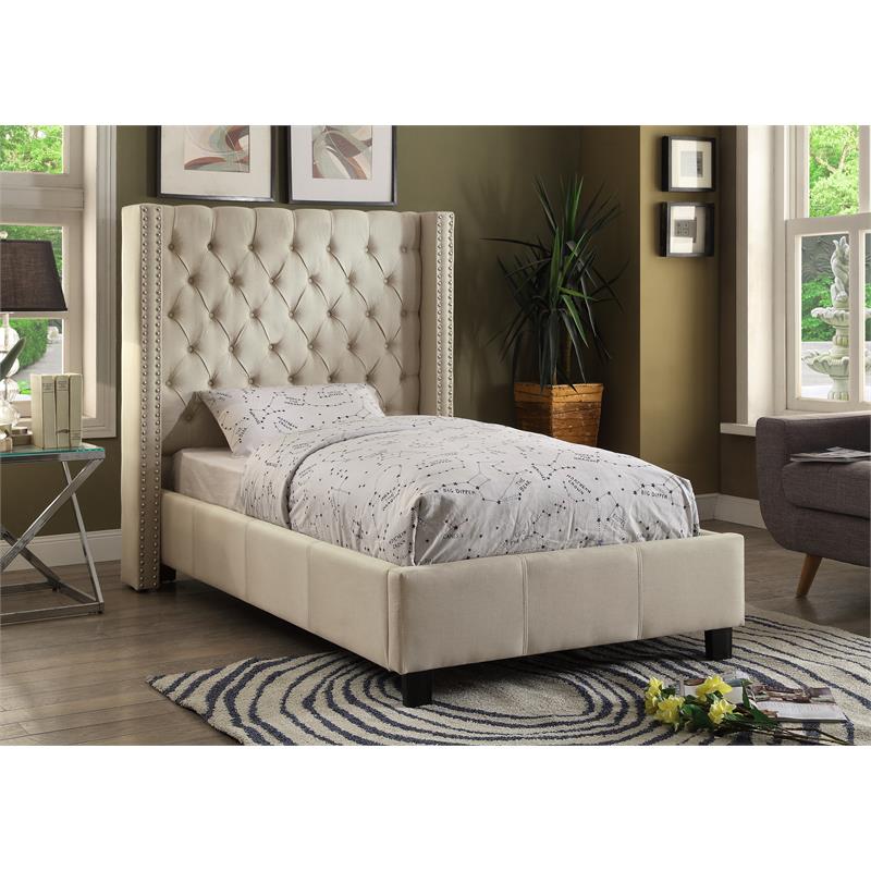 Pemberly Row Modern Solid Wood Linen Wing Back Twin Bed in Beige