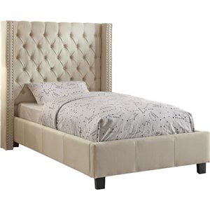 Pemberly Row Modern Solid Wood Linen Wing Back Twin Bed in Beige