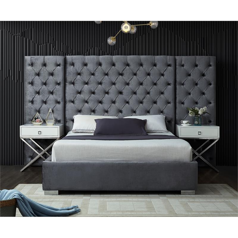 Pemberly Row Contemporary Solid Wood and Velvet King Bed in Gray