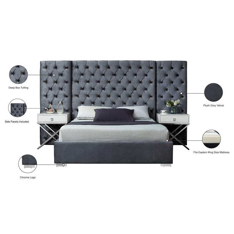 Pemberly Row Contemporary Solid Wood and Velvet King Bed in Gray