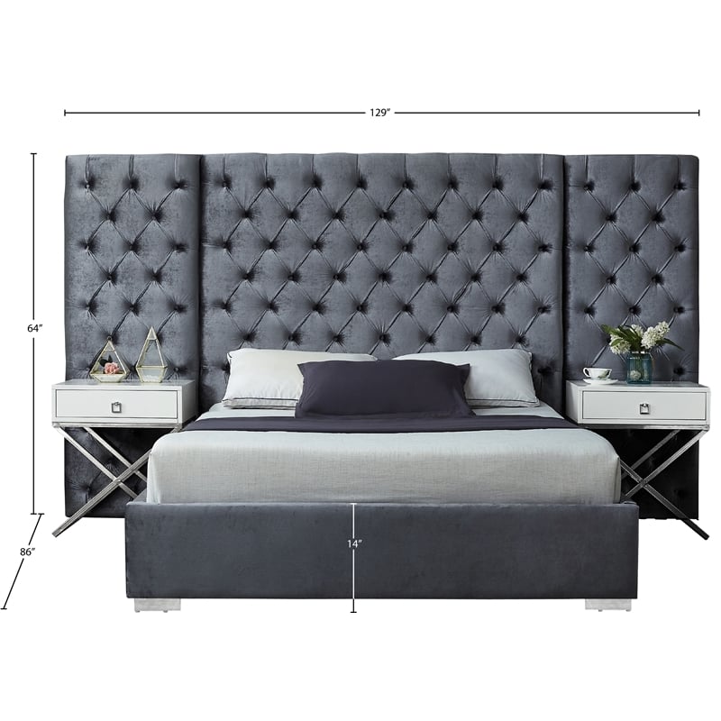 Pemberly Row Contemporary Solid Wood and Velvet King Bed in Gray