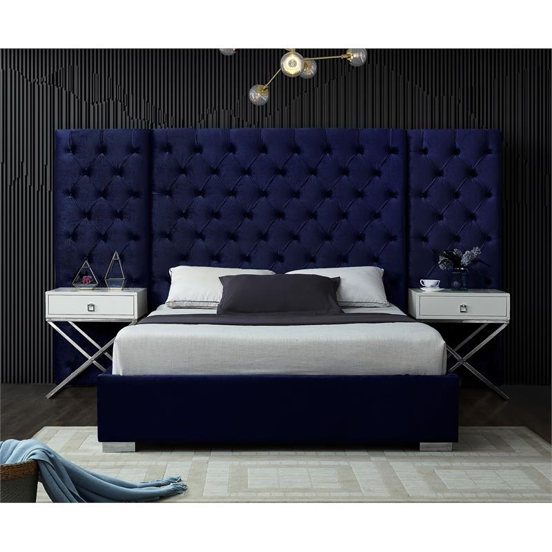 Pemberly Row Contemporary Solid Wood and Velvet King Bed in Navy