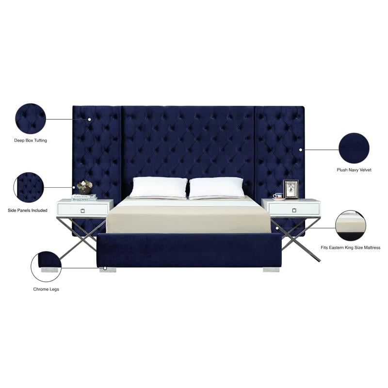 Pemberly Row Contemporary Solid Wood and Velvet King Bed in Navy