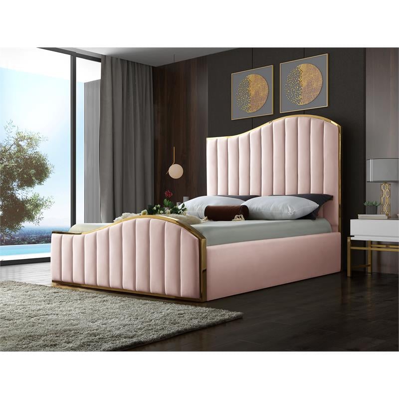 Pemberly Row Contemporary Solid Wood and Velvet King Bed in Pink