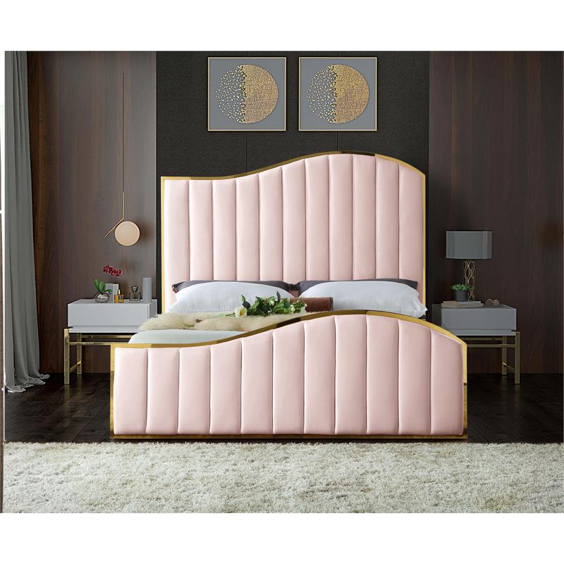 Pemberly Row Contemporary Solid Wood and Velvet King Bed in Pink