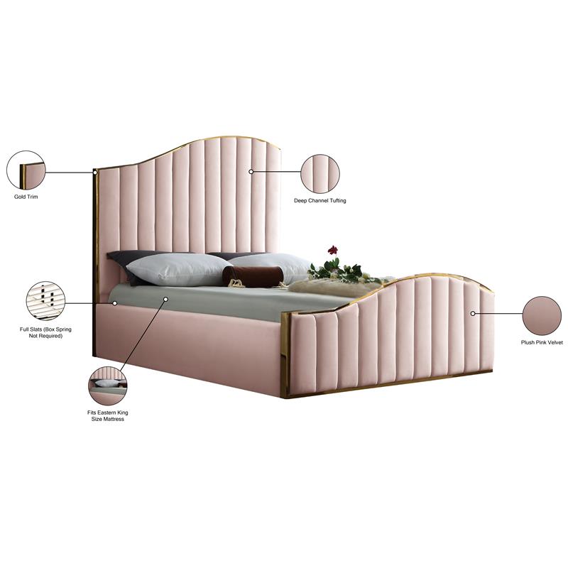 Pemberly Row Contemporary Solid Wood and Velvet King Bed in Pink