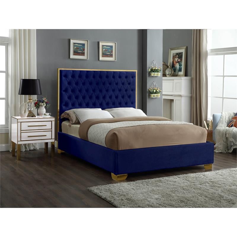 Pemberly Row Contemporary Solid Wood and Velvet Full Bed in Navy