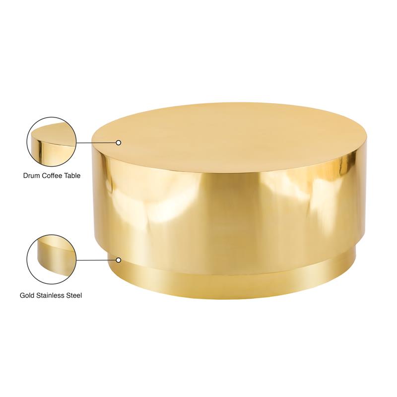 Pemberly Row Contemporary Gold Stainless Steel Drum Coffee Table